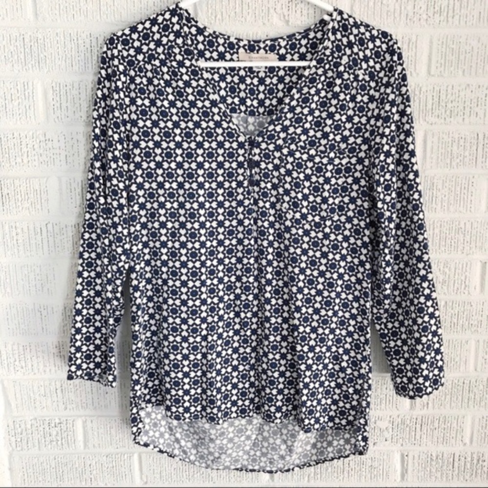 41 Hawthorn Navy Blue Geometric Blouse Sz S